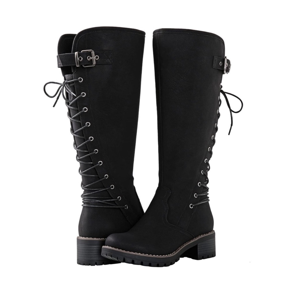 Lace Up Back Knee High Fashion Boots Vegan Leather